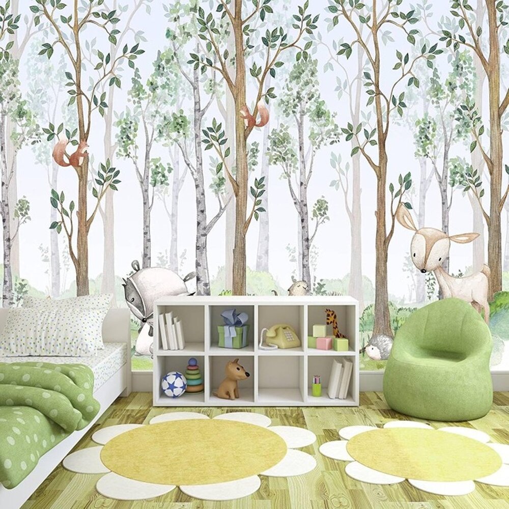 NEW  106" x 70" Wallpaper Watercolor Forest Cartoon Animals Wall Murals
